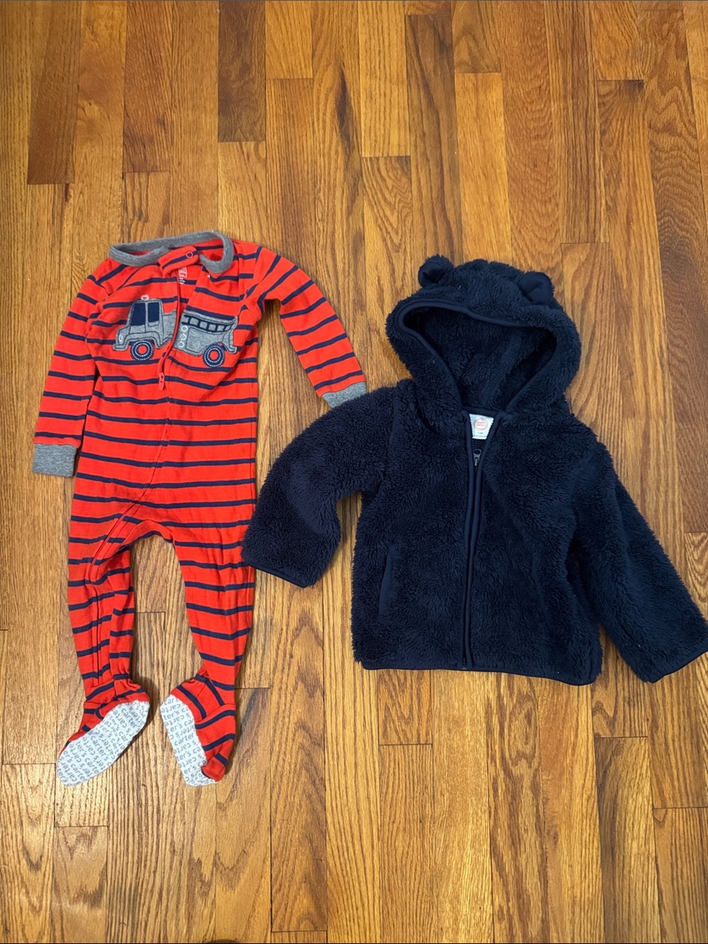 12 month Carter's Red & Navy Striped Truck Footie with Navy Fuzzy Hooded Jacket